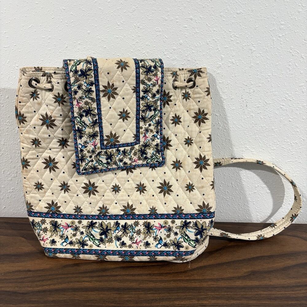 Vintage Vera Bradley Style Quilted Backpack Ivory Floral Drawstring Mimi Flap